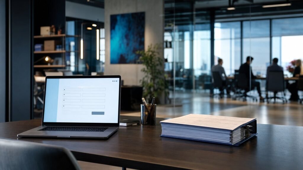 Bureau avec un ordinateur ouvert sur un formulaire d'inscription et un classeur de conformité.