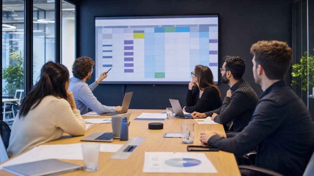 Cinq collègues en réunion autour d'une table, face à un écran partagé qui affiche un tableau de suivi coloré