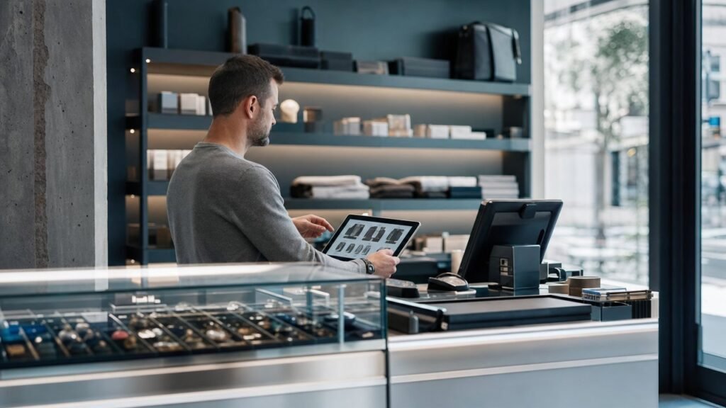 Commerçant consultant sa vitrine en ligne sur une tablette posée près de la caisse.