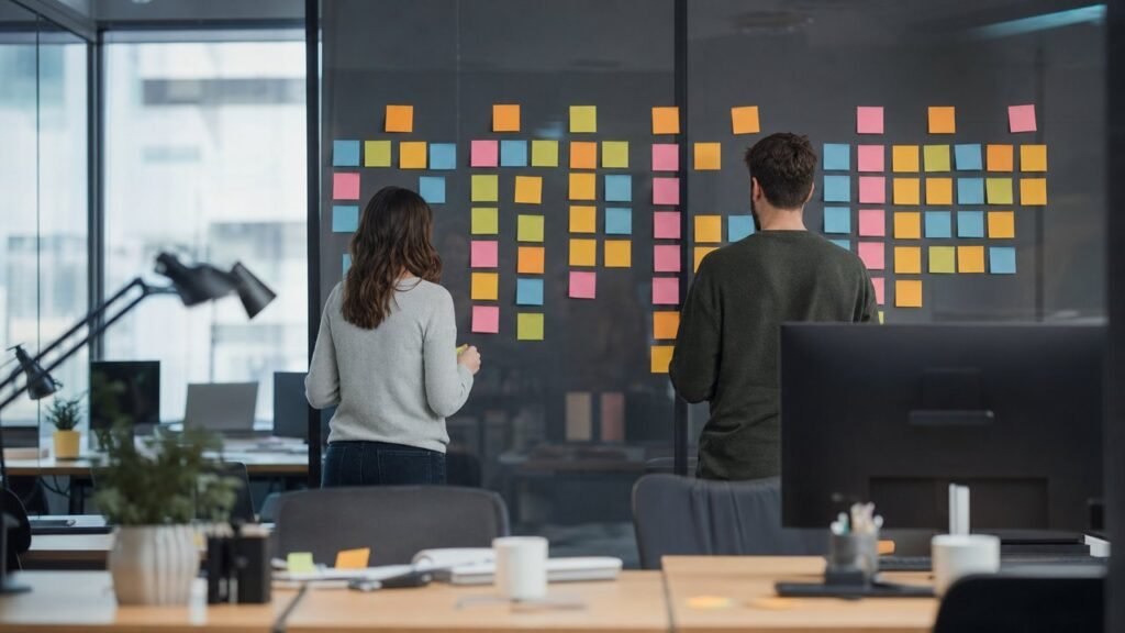 Deux personnes de dos devant un mur de post-it organisé en colonnes.