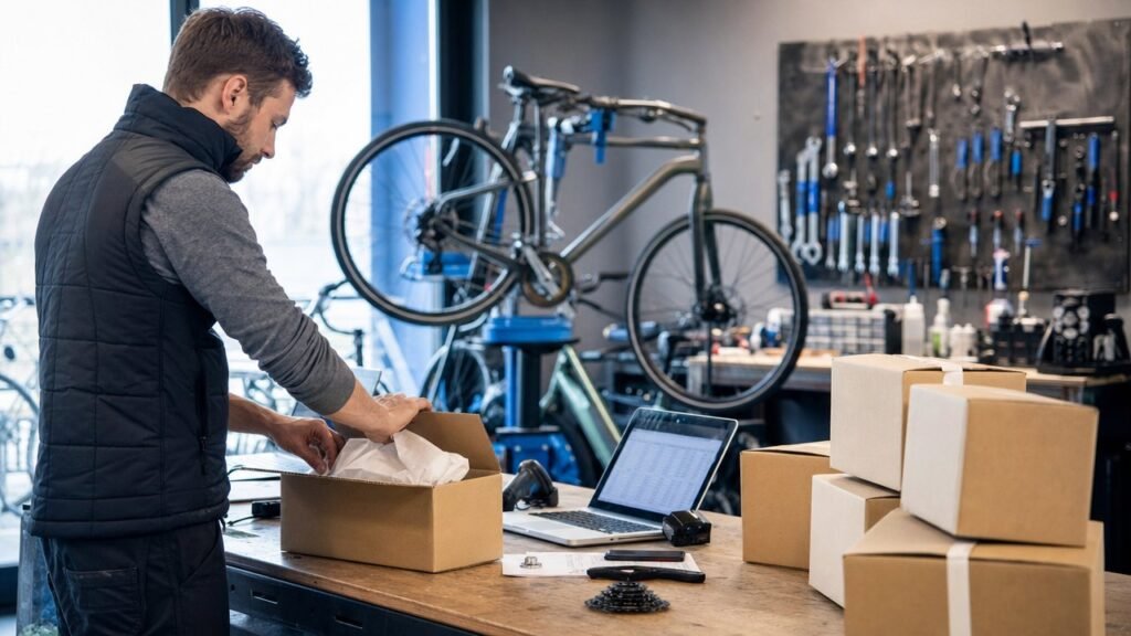 Établi d'atelier de vélos avec des colis et un ordinateur portable ouvert sur un tableur.