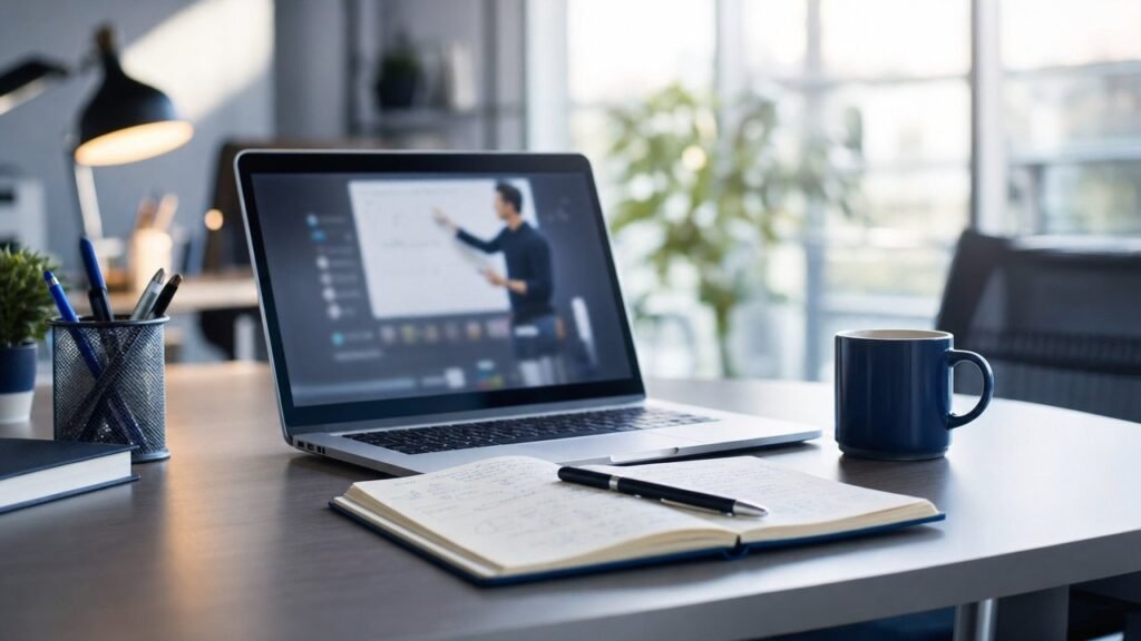 Ordinateur portable ouvert sur un cours en ligne, posé sur un bureau clair près d'un carnet annoté, d'un stylo et d'une tasse de café