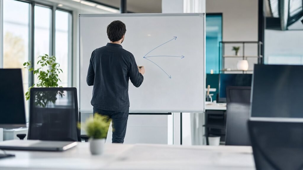 Personne vue de dos face à un tableau blanc où trois flèches divergent depuis un point unique