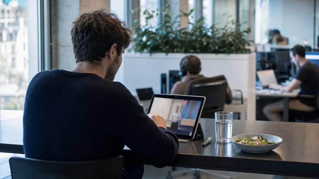 Tablette affichant un cours en ligne sur une table de coworking, à côté d'un plat et d'un verre d'eau